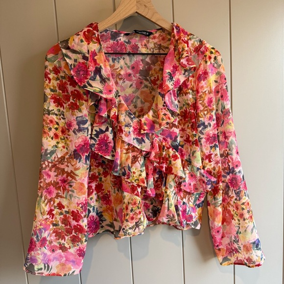 Zara Tops - Zara Floral Ruffle Blouse XS - Romantic Pink and Red Top